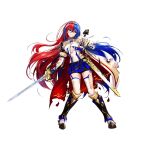  1girl alear_(female)_(fire_emblem) alear_(fire_emblem) amagai_tarou armor bangs blue_eyes blue_hair braid breasts cape crossed_bangs crown_braid fire_emblem fire_emblem_engage heterochromia holding holding_sword holding_weapon liberation_(fire_emblem) long_hair looking_at_viewer medium_breasts multicolored_hair official_art red_eyes red_hair smile solo split-color_hair sword thigh_strap thighhighs thighs tiara torn_clothes two-tone_hair very_long_hair weapon 