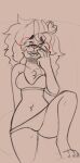  anthro bella_(phantomfuz) belly_tuft big_hair bodily_fluids bra canid canine canis chest_tuft clothing domestic_dog drooling erect_nipples eyewear feet female glasses hair mammal nipples open_mouth panties phantomfuz raised_leg saliva sketch solo tuft underwear 