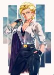  1girl absurdres android_18 artist_name belt black_bra black_pants blonde_hair blue_eyes bra breasts cleavage commentary contrapposto cowboy_shot dragon_ball dragon_ball_z fingerless_gloves frown gloves hair_pulled_back hand_in_pocket highres jacket jacket_over_shoulder jacket_removed large_breasts medium_hair open_clothes open_shirt pants sarulart shirt shirt_tucked_in solo underwear white_shirt 