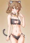 1girl animal_ears anti_(untea9) bell black_bra black_panties blush bra breasts brown_hair brown_skirt cat_cutout cat_ears choker clothing_cutout cowboy_shot embarrassed folded_ponytail gradient_background highres inazuma_(kancolle) jingle_bell kantai_collection long_hair panties pantyhose skirt small_breasts solo tail underwear 