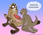  anthro balls blush devil_horns_(disambiguation) dialogue dildo duo feet felix_(nik159) genitals hi_res kneeling male male/male mammal mischievous_smile mustelid nik_(nik159) nikraccoom otter penis procyonid raccoon sex_toy shocked_expression spread_legs spreading 