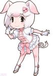  1girl animal_ears black_eyes dress gloves hair_ornament highres kemono_friends kneehighs looking_at_viewer official_art pig_(kemono_friends) pig_ears pig_girl pig_tail pink_hair ribbon shoes short_hair simple_background socks solo tail yoshizaki_mine 