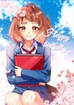  1girl aida_miou bag bangs blazer blue_jacket blue_skirt blue_sky blurry book brown_eyes brown_hair cherry_blossoms collared_shirt commentary day depth_of_field english_text flower highres holding holding_book honeyworks jacket kokuhaku_jikkou_iinkai light_blush long_sleeves looking_at_viewer loose_necktie necktie object_hug open_collar outdoors pink_flower red_necktie school_bag school_uniform shirt short_hair skirt sky smile solo sophia_pie_12 teeth white_shirt 