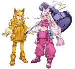  2girls bandaid bandaid_on_face blonde_hair bow detached_sleeves full_body gloves goggles goggles_on_head gradient_hair hair_bow hair_ornament hairclip hammer holding holding_hammer hood hood_up huge_weapon katagiri_hachigou knee_pads long_hair long_sleeves midriff multicolored_hair multiple_girls navel pants pawmot personification pink_hair pokemon puffy_long_sleeves puffy_sleeves purple_eyes shoes short_hair single_knee_pad tinkaton twintails very_long_hair weapon white_hair yellow_eyes 