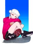  1girl 59_(garigari_hodu) air_max air_max_90 alternate_costume arashi_chisato bangs black_footwear black_shorts can double_bun from_side grey_hair gym_shorts hair_behind_ear hair_bun highres holding holding_can hood hoodie leaning_forward looking_at_viewer love_live! love_live!_superstar!! nike parted_lips pink_hoodie red_eyes shoes shorts sitting smile sneakers socks solo streetwear twintails white_socks 