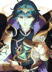  1boy absurdres bangs black_cape black_shirt black_sleeves blue_eyes blue_hair bracelet byleth_(fire_emblem) byleth_(male)_(fire_emblem) byleth_(male)_(khadein)_(fire_emblem) cape commentary detached_sleeves fire_emblem fire_emblem:_three_houses fire_emblem_heroes floating floating_object gem hair_between_eyes high_collar highres hourglass jewelry looking_at_viewer magic male_focus official_alternate_costume shirt short_hair sierra117renner simple_background single_sleeve sleeveless sleeveless_shirt solo tiara twitter_username white_background 