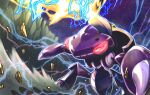  ari8exist claws commentary_request energy genesect glowing glowing_eyes night no_humans outdoors pink_eyes pokemon pokemon_(creature) rock sky solo star_(sky) 