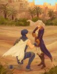  1boy 1girl absurdres blue_hair boots breasts brown_gloves cape chrom_(fire_emblem) city cleavage desert fire_emblem fire_emblem_awakening gloves highres kneeling looking_at_another palm_tree ponytail proposal purple_robe robe robean_(birbtactician) robin_(female)_(fire_emblem) robin_(fire_emblem) sand smile tree white_cape white_hair 