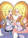  2girls :d blonde_hair blush braid breasts buttons closed_eyes commentary_request dress fingernails from_side green_eyes highres holding_hands kinocopro lillie_(pokemon) long_hair long_sleeves looking_at_another multiple_girls open_mouth pokemon pokemon_(game) pokemon_sm sleeveless sleeveless_dress smile teeth tongue twitter_username upper_teeth_only watermark white_background 