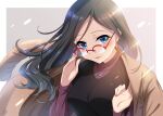  1girl adjusting_eyewear black_hair black_shirt blue_eyes blush brown_jacket glasses hand_up hibike!_euphonium highres jacket jewelry long_hair long_sleeves looking_at_viewer nail_polish nanakusagayu_(nanakusa_garou) necklace over-rim_eyewear parted_lips purple_sweater red-framed_eyewear semi-rimless_eyewear shirt solo sweater tanaka_asuka trench_coat 