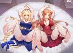  2girls alice_zuberg armpits arms_up asuna_(sao) bangs bare_arms bare_legs bare_shoulders barefoot blonde_hair blue_dress blue_eyes blue_ribbon braid breasts brown_eyes brown_hair dress evening_gown feet feet_up flower formal french_braid full_body gown hair_flower hair_ornament hairclip highres jewelry legs_up long_hair looking_at_viewer medium_breasts multiple_girls ninai no_bra no_shoes ponytail red_dress red_flower red_rose red_skirt ribbon rose skirt smile soles sword_art_online sword_art_online:_alicization thighs toes very_long_hair yuri 