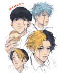  4boys black_hair blonde_hair blue_hair brown_eyes chewing copyright_name facial_hair finn_ames food highres holding holding_food lance_crown looking_at_viewer looking_to_the_side mash_burnedead mashle mobbo_ie multicolored_hair multiple_boys rayne_ames short_hair simple_background twitter_username two-tone_hair white_background yellow_eyes 