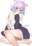  1girl absurdres animal_ears bangs bare_legs bare_shoulders barefoot biting biting_clothes black_cardigan blue_hair blush breasts cardigan cat_ears cat_girl cat_tail cleavage collarbone eyebrows_hidden_by_hair feet full_body highres hololive knees large_breasts legs looking_at_viewer multicolored_hair nail_polish nekomata_okayu no_bra no_pants no_shoes pink_nails purple_eyes purple_hair shirt simple_background sitting solo tail thighs toenail_polish toenails toes two-tone_hair unbuttoned unbuttoned_shirt virtual_youtuber white_background white_shirt yuya_(pixiv37335712) 