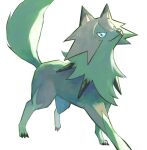  animal_focus backlighting blue_eyes claws closed_mouth commentary eve_malus fur_collar lycanroc lycanroc_(midday) no_humans pokemon pokemon_(creature) simple_background solo spikes standing symbol-only_commentary white_background 