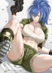  1girl abs anagumasan bangs black_gloves blue_eyes blue_hair breasts bullet_hole cleavage collarbone combat_knife dog_tags gloves green_jacket green_shorts gun h&amp;k_mp5k hair_between_eyes heckler_&amp;_koch highres jacket knife large_breasts leona_heidern looking_at_viewer midriff military military_uniform muscular muscular_female navel open_clothes open_jacket open_shirt parted_lips shadow shell_casing shorts sidelocks sitting solo stomach submachine_gun sweatdrop tank_top the_king_of_fighters the_king_of_fighters_xv uniform weapon 