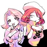  2girls ace_attorney april_may beret blush bracelet breasts buttons cleavage closed_eyes closed_mouth hair_intakes hat heart_button ini_miney jacket jewelry large_breasts looking_at_viewer lowres multiple_girls open_mouth phoenix_wright:_ace_attorney phoenix_wright:_ace_attorney_-_justice_for_all pink_hair pink_jacket porta3948_5 red_hair short_hair smile sweater tongue tongue_out upper_body white_headwear yellow_sweater 