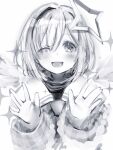  1girl :d amane_kanata angel angel_wings bob_cut greyscale halo hands_up highres hololive looking_at_viewer medium_hair monochrome nanashi_(nlo) one_eye_closed smile solo sparkle star_halo upper_body virtual_youtuber wings 