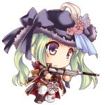  1girl black_coat boots breasts buttons chibi closed_mouth coat commentary_request flower frown full_body fur-trimmed_headwear green_hair gun hat hat_feather hat_flower holding holding_gun holding_weapon long_hair looking_afar lowres momozakura_nanao pants pink_flower purple_eyes purple_headwear ragnarok_online rebellion_(ragnarok_online) rifle simple_background small_breasts solo transparent_background twintails v-shaped_eyebrows weapon white_pants 