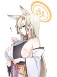  1girl animal_ears bare_shoulders blonde_hair blue_archive breasts detached_sleeves fox_ears hairband halo japanese_clothes jorin kaho_(blue_archive) large_breasts long_hair mole mole_under_mouth short_eyebrows sideboob solo very_long_hair white_background wide_sleeves yellow_eyes 