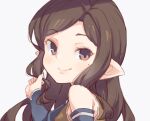  1girl arulumaya bare_shoulders brown_eyes brown_hair closed_mouth granblue_fantasy grey_background harvin jingai_modoki light_blush long_hair looking_at_viewer mole mole_under_eye pointy_ears portrait simple_background smile solo upper_body white_background 