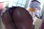 1girl ass bangs bent_over beret blue_eyes blue_skirt blush breasts brown_pantyhose comichipota epaulettes gloves grey_hair hat highres jacket kantai_collection kashima_(kancolle) large_breasts long_hair long_sleeves looking_at_viewer looking_back miniskirt panties panties_under_pantyhose pantyhose pleated_skirt purple_panties sidelocks skirt smile solo thighs twintails underwear wavy_hair white_gloves white_jacket 
