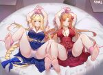  2girls alice_zuberg arms_up asuna_(sao) bangs bare_arms bare_legs bare_shoulders barefoot bdsm blonde_hair blue_dress blue_eyes blue_ribbon bondage bound bound_ankles bound_legs braid breasts brown_eyes brown_hair cuffs dress evening_gown feet feet_up flower formal french_braid full_body gown hair_flower hair_ornament hairclip handcuffs highres jewelry legs_up long_hair looking_at_viewer medium_breasts multiple_girls ninai no_bra no_shoes ponytail red_dress red_flower red_rose red_skirt restrained ribbon rose skirt smile soles sword_art_online sword_art_online:_alicization thighs toes very_long_hair yuri 