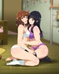  2girls black_hair black_thighhighs blush bra breasts brown_eyes brown_hair curly_hair hibike!_euphonium highres hug kneeling kousaka_reina large_breasts long_hair looking_at_another medium_breasts multiple_girls navel open_mouth oumae_kumiko panties purple_bra purple_eyes purple_panties sbel02 smile thighhighs underwear underwear_only white_hair white_panties 