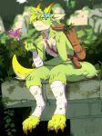  absurd_res accessory anthro backpack backpack_only bandage bandages_only dendart female flower flower_in_hair forest forest_background hair hair_accessory hi_res horn hybrid kanya_the_drakkonid_(darkflamewolf) mammal nature nature_background nude plant reptile scalie sitting solo tree 