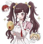  3girls :d alternate_hairstyle apron bangs black_hair blonde_hair blush bow cat_hair_ornament commentary_request danganronpa_(series) danganronpa_2:_goodbye_despair gorila_chan hair_bow hair_ornament hand_up holding holding_mirror koizumi_mahiru long_hair mirror mole mole_under_eye multiple_girls open_mouth pink_shirt puffy_short_sleeves puffy_sleeves red_hair saionji_hiyoko shirt short_hair short_sleeves simple_background smile solo_focus translated tsumiki_mikan twintails white_apron white_background 