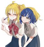  2girls ahoge arm_up bangs black_bow black_bowtie blonde_hair blue_hair blue_skirt blush bocchi_the_rock! bow bowtie braid breasts closed_mouth collared_shirt commentary_request green_eyes grey_shirt hair_ornament hairclip hand_up highres holding holding_pen ijichi_nijika long_hair looking_at_another medium_breasts mole mole_under_eye multiple_girls one_eye_closed pen pink_bow pink_bowtie polka_dot polka_dot_bow polka_dot_bowtie ponytail red_eyes shirt short_hair short_sleeves side_ponytail sidelocks simple_background skirt smile standing tears teeth white_background yamada_ryou yanfei_u 