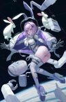  1girl absurdres animal_ears astronaut bag bangs blush chinese_zodiac fake_animal_ears floating high_heels highres leotard mechanical_arms original planet purple_eyes purple_hair rabbit rabbit_ears short_hair sidelocks space spacesuit thighhighs white_leotard xzu year_of_the_rabbit 