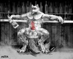  alcohol animal_genitalia animal_penis anthro armpit_hair balls beverage bodily_fluids body_hair canid canine canine_genitalia canine_penis canis claws container death_(puss_in_boots) digital_media_(artwork) domestic_dog erection fur genitals grey_body grey_fur hi_res knot kotia looking_at_viewer male mammal muscular muscular_male musk musk_clouds nude paws pecs penis pubes puss_in_boots_the_last_wish red_eyes sheath smile solo sweat wolf 
