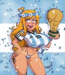  1girl 2022_fifa_world_cup absurdres argentina bad_source breasts flower highres jersey lips long_hair nami_(one_piece) noctzart one_piece orange_hair smile soccer solo teeth thighhighs tongue trophy wide_hips world_cup 