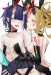  2girls absurdres animal_ears back bangs bare_shoulders black_leotard blonde_hair blush breasts collarbone eyeliner facial_mark fake_animal_ears fate/grand_order fate_(series) forehead forehead_mark hair_pulled_back highres horns ibaraki_douji_(fate) leotard long_hair looking_at_viewer makeup multiple_girls oni oni_horns open_mouth playboy_bunny pointy_ears purple_eyes purple_hair rabbit_ears rabbit_tail san_(harutuki_3) short_hair shuten_douji_(fate) skin-covered_horns small_breasts smile tail tattoo yellow_eyes 