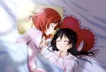  2girls bed bed_sheet black_hair blush fuyuu310 highres love_live! love_live!_school_idol_project multiple_girls nishikino_maki pillow red_hair sleeping yazawa_nico yuri 