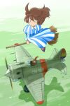  2girls aircraft airplane broom broom_riding brown_hair dress fighter_jet flying i-16 inui_(jt1116) jet long_hair military military_vehicle multiple_girls original pilot scarf sidesaddle sky striped striped_dress vehicle_focus 