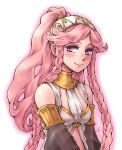  1girl armlet bare_shoulders blush braid fire_emblem fire_emblem_awakening headband jewelry ladugard long_hair looking_at_viewer necklace olivia_(fire_emblem) pink_eyes pink_hair ponytail see-through see-through_sleeves smile twin_braids upper_body white_background white_headband 