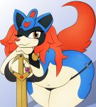  absurd_res anthro blue_body breasts brown_eyes clothed clothing female generation_8_pokemon hi_res legendary_pokemon looking_at_viewer melee_weapon nintendo one_eye_closed pokemon pokemon_(species) pokemorph simple_background solo sword underwear weapon white_background yellow_body zacian zinzoa 