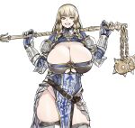  1girl armor armored_gloves bangs blonde_hair braid breasts cleavage gloves grin highres houtengeki huge_breasts long_hair looking_at_viewer original pelvic_curtain simple_background smile solo teeth thighhighs thighs twin_braids weapon white_background yellow_eyes 