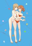  absurdres arms_around_waist asymmetrical_bangs ball bangs beachball bikini blue_background blush brown_hair commentary_request full_body green_eyes highres hug looking_at_another navel nyamo open_mouth orange_eyes orange_hair ponytail shell short_hair slippers starfish swimsuit umbrella_octopus white_bikini yagate_kimi_ni_naru yagate_kimi_ni_naru:_saeki_sayaka_ni_tsuite yuri 