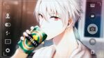  1boy bangs camera can cheritz drinking hair_between_eyes hair_tie holding holding_can long_hair looking_at_viewer low_ponytail male_focus official_art red_eyes solo susanghan_messenger third-party_source viewfinder white_hair zen_(susanghan_messenger) 