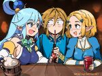  1boy 2girls aqua_(konosuba) bare_shoulders blonde_hair blue_eyes blue_hair bottle braid breasts commentary crossover cup drinking drinking_straw french_braid hair_ornament highres kono_subarashii_sekai_ni_shukufuku_wo! large_breasts link mug multiple_girls open_mouth pointy_ears princess_zelda short_hair sidelocks single_hair_ring smile snegovski table the_legend_of_zelda the_legend_of_zelda:_breath_of_the_wild the_legend_of_zelda:_tears_of_the_kingdom tunic 