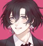  1boy black_hair black_jacket black_necktie blush collared_shirt constantine_xi_(fate) earrings fate/grand_order fate_(series) glint grey_eyes hair_between_eyes highres jacket jewelry light_particles looking_at_viewer male_focus necktie parted_lips pink_background portrait shirt short_hair simple_background smile solja solo white_shirt 