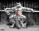  absurd_res alcohol animal_genitalia animal_penis anthro armpit_hair balls beverage body_hair canid canine canine_genitalia canine_penis canis claws container death_(puss_in_boots) digital_media_(artwork) domestic_dog erection fur genitals grey_body grey_fur hi_res knot kotia looking_at_viewer male mammal muscular muscular_male nude paws pecs penis pubes puss_in_boots_the_last_wish red_eyes sheath smile solo wolf 