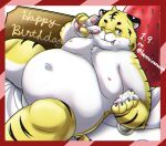  2023 anthro belly big_belly felid humanoid_hands kemono male mammal moobs navel nipples one_eye_closed overweight overweight_male pantherine solo text tiger tolsche white_body wink yellow_body 