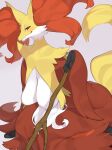  2023 absurd_res anthro biped black_body black_fur breasts delphox digital_media_(artwork) female fur generation_6_pokemon hi_res kame_3 looking_at_viewer multicolored_body multicolored_fur nintendo orange_eyes pokemon pokemon_(species) red_body red_fur simple_background smile smiling_at_viewer solo white_background white_body white_fur yellow_body yellow_fur 