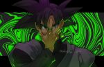  1boy black_eyes black_hair dougi dragon_ball dragon_ball_super earrings evil_smile gamubanku goku_black green_background hand_on_own_face jewelry long_sleeves looking_at_viewer male_focus potara_earrings ring single_earring smile solo spiked_hair thick_eyebrows upper_body 