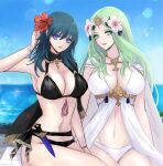  2girls :d absurdres bare_arms bare_shoulders bikini black_bikini blue_eyes blue_hair blue_sky breasts byleth_(female)_(fire_emblem) byleth_(female)_(summer)_(fire_emblem) byleth_(fire_emblem) cloud commentary_request dagger day fire_emblem fire_emblem:_three_houses fire_emblem_heroes flower green_eyes green_hair hair_flower hair_ornament hele hibiscus highres knife large_breasts lens_flare long_hair looking_at_viewer multiple_girls navel ocean open_mouth red_flower rhea_(fire_emblem) rhea_(summer)_(fire_emblem) sitting sky smile stomach swimsuit thighs very_long_hair water weapon white_bikini white_flower 
