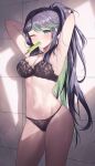  1girl absurdres armpits arms_behind_head arms_up black_bra black_hair black_panties blush bra breasts commission green_eyes green_hair high_ponytail highres indie_virtual_youtuber long_hair medium_breasts mole mole_under_eye mopinapiki multicolored_hair navel one_eye_closed panties popsicle_in_mouth raised_eyebrows sidelocks solo stomach streaked_hair sweat tan tile_wall tiles underwear underwear_only very_long_hair virtual_youtuber wavy_hair 