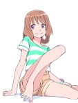  1girl akinbo_(hyouka_fuyou) bare_legs barefoot braid brown_hair closed_mouth delicious_party_precure hanamichi_ran long_hair pink_eyes precure shirt short_shorts short_sleeves shorts simple_background sitting smile solo striped striped_shirt t-shirt white_background yellow_shorts 